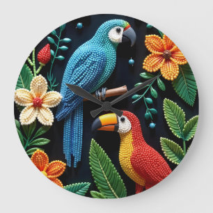 Grande Horloge Ronde Le perroquet et le toucan dans une forêt perlée