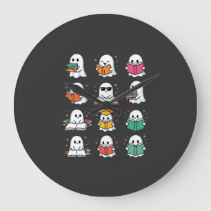 Grande Horloge Ronde Lecture de livre Halloween Fantômes Bibliothèque K