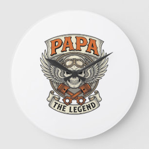 Grande Horloge Ronde Légende de crâne de motard Papa Vintage