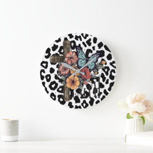 Grande Horloge Ronde Léopard des neiges croisé, Fleurs et Papillons