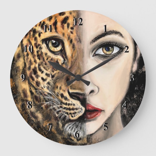 Grande Horloge Ronde Leopard Girl Visage Imaginaire Peinture animal sau (Recto)