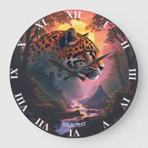 Grande Horloge Ronde Léopard mignon de fantaisie au coucher du soleil