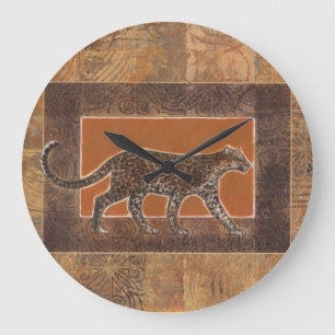 Grande Horloge Ronde Leopard sur Orange et Arrière - plan Brown