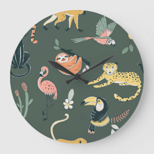 Grande Horloge Ronde Les animaux de la jungle Faune de la flore Vintage