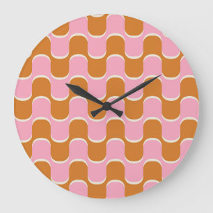 Grande Horloge Ronde Les années 70 rétro : Motif ondulé rose or.