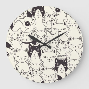 Grande Horloge Ronde Les chats dessinés à la main gribouillent un motif