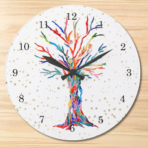 Grande Horloge Ronde Les étoiles d'or Arbre de vie des couleurs arc-en