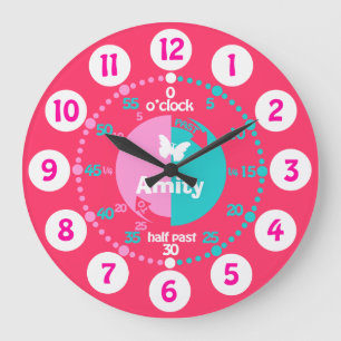 Grande Horloge Ronde Les filles apprennent à dire l'heure rose aqua nom