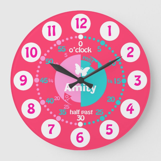 Grande Horloge Ronde Les filles apprennent à dire l'heure rose aqua nom (Recto)