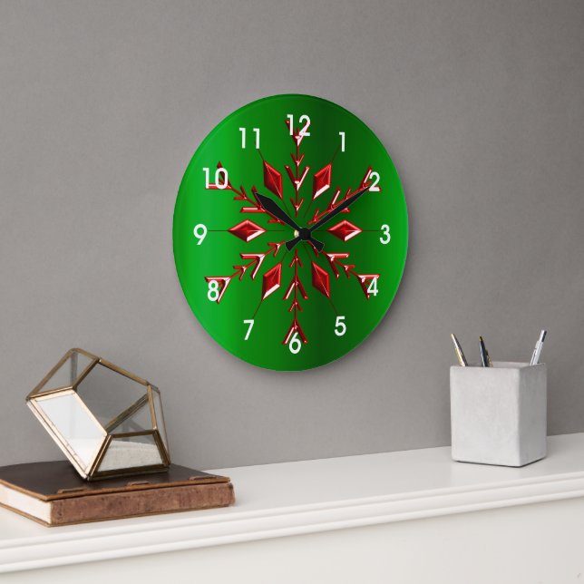 Grande Horloge Ronde Les flocons rouges de Noël vert (Bureau)