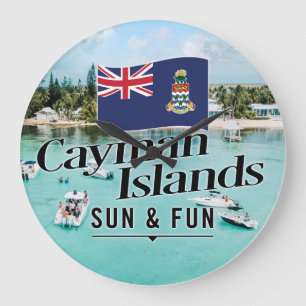 Grande Horloge Ronde "Les Îles Caïmans Soleil & Amusement" Avec Drapeau