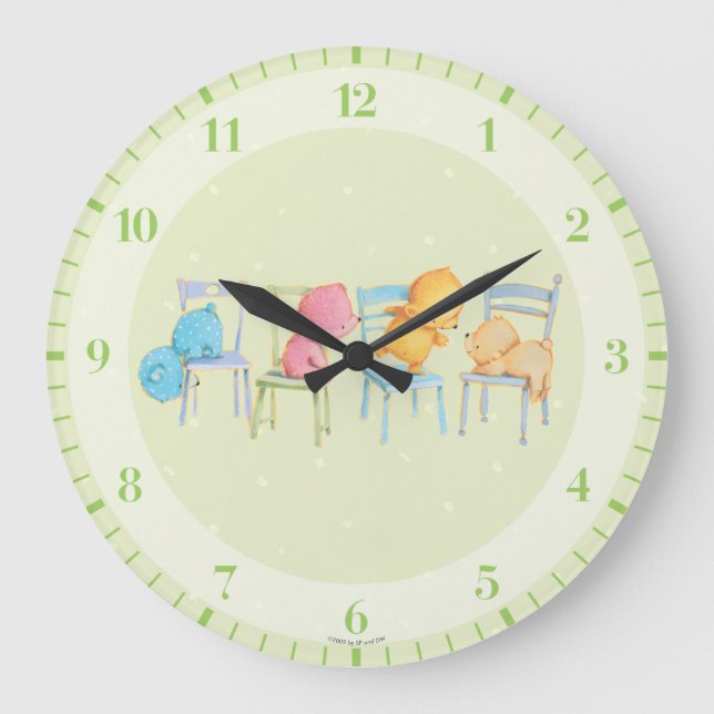Grande Horloge Ronde Les ours bleus, roses, jaunes et Brown jouent (Recto)