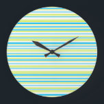 Grande Horloge Ronde Les Patterns de Stripes<br><div class="desc">Cute and fresh design in vibrant colors. Blue and neon green stripes. 🔹 You can customize it - edit background color, resize/rotate image, add text and more :) 🔹 Send me 🔹 a photo of your purchase or just share it and me me me @edrawings38art (on FB/IG/Twitter) Thank you! 💜...</div>