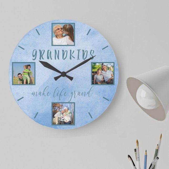 Grande Horloge Ronde Les petits-enfants font la vie Grand 4 Photo Blue  (Cheerful photo gift between grandparents and their grandkids)