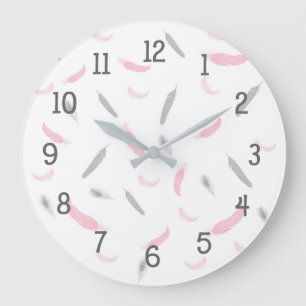 Grande Horloge Ronde Les plumes grises roses synchronisent, chambre à