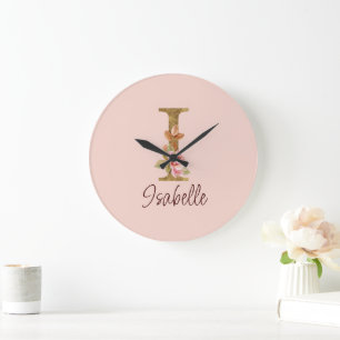 Grande Horloge Ronde Lettre de nom personnalisée I Roses roses blush fe
