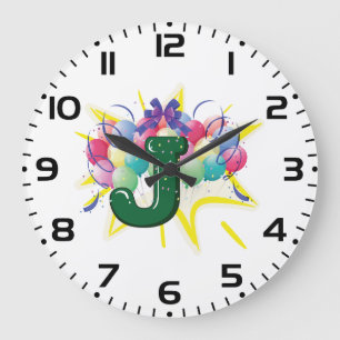 Grande Horloge Ronde Lettre J Monogramme de Célébration avec Ballons