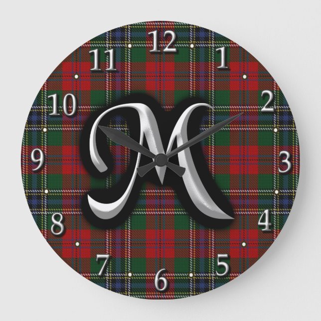 Grande Horloge Ronde LETTRE MATHÉMATIQUE ÉCOSSE M MONogramme Tartan (Recto)