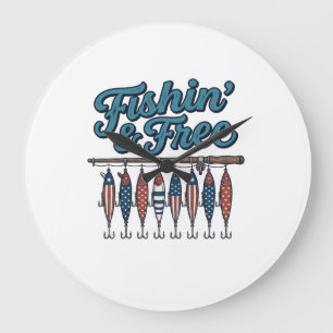 Grande Horloge Ronde Leurre de pêche patriotique vintage Fishin' & Free