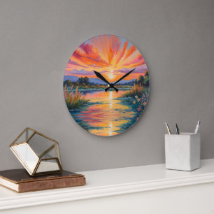 Grande Horloge Ronde Lever de soleil à l'aquarelle de l'étang