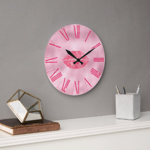 Grande Horloge Ronde Lèvres de Parties scintillant rose glamour