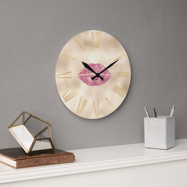 Grande Horloge Ronde Lèvres de Parties scintillant rose glamour sur Cha (Bureau)