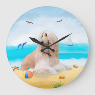 Grande Horloge Ronde Lévrier Afghan sur la Plage