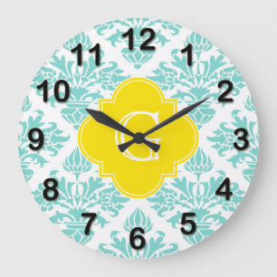 Grande Horloge Ronde Lg Aqua Damask #3 Yellow Quatrefoil monogram