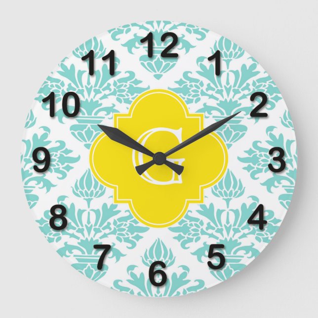 Grande Horloge Ronde Lg Aqua Damask #3 Yellow Quatrefoil monogram (Recto)