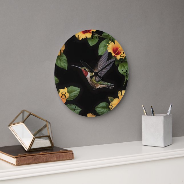 Grande Horloge Ronde "L'harmonie de la nature : un colibri d'Hibiscus f (Bureau)
