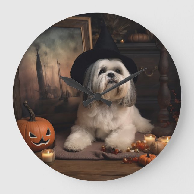 Grande Horloge Ronde Lhasa Apso Citrouille Halloween effrayant (Recto)