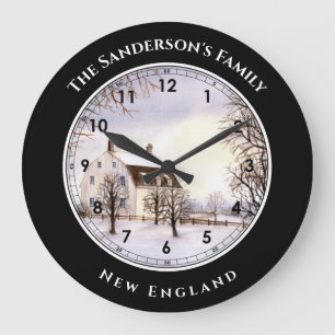 Grande Horloge Ronde L'hiver en Nouvelle-Angleterre Paysage Aquarelle
