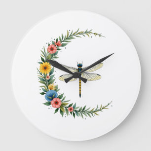 Grande Horloge Ronde Libellule Boho Croissant Lune Signe de Paix Hippie