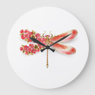 Grande Horloge Ronde libellule de fleurs avec sakura de bijoux