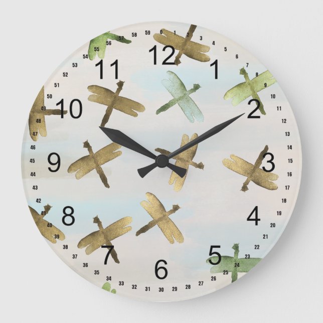 Grande Horloge Ronde Libellules aquarelle or (Recto)