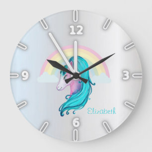 Grande Horloge Ronde Licorne aquarelle magique arc-en-ciel, argent