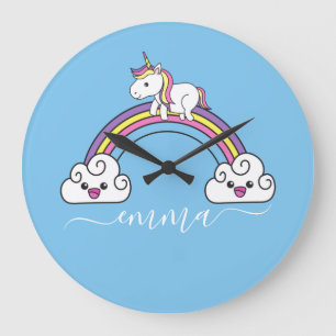 Grande Horloge Ronde Licorne Arc-en-Ciel Mignonne Nom Personnalisé 