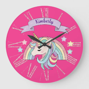 Grande Horloge Ronde Licorne & Arc-en-ciel scintillant Nom personnalisé