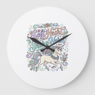 Grande Horloge Ronde Licorne Cœur Doux Corne Pointue Fond Blanc Typo