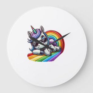 Grande Horloge Ronde Licorne Cool avec Lunettes de Soleil sur T-Shirt à