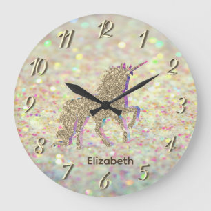 Grande Horloge Ronde Licorne élégante à paillettes dorées Bokeh