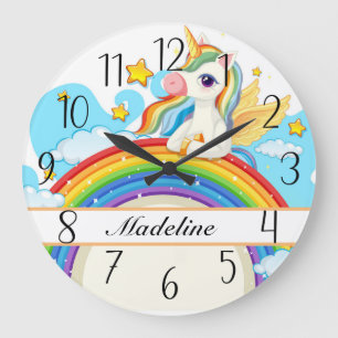 Grande Horloge Ronde Licorne et arc-en-ciel colorés personnalisés 