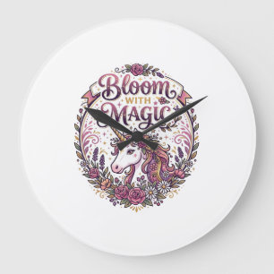 Grande Horloge Ronde Licorne Fleurir avec Magie POD Prêt Fond Blanc