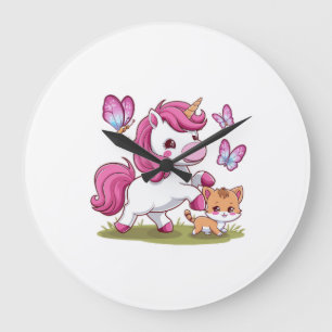 Grande Horloge Ronde Licorne kawaii avec chat et papillons manches long