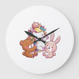 Grande Horloge Ronde Licorne kawaii avec lapin et ours en peluche Manch