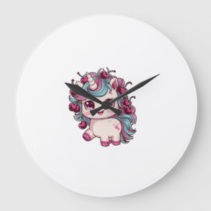 Grande Horloge Ronde Licorne kawaii cool avec des cerises T-Shirt à man