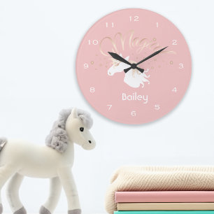Grande Horloge Ronde Licorne Magique Rose Clair Blanc Personnalisé