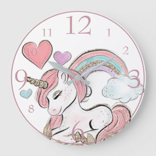 Grande Horloge Ronde Licorne Pailletée Mignonne et Arc-en-Ciel avec des