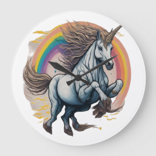 Grande Horloge Ronde licorne sautant au-dessus d'un arc-en-ciel.