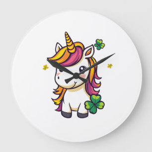 Grande Horloge Ronde Licorne Trèfle Chanceux (1)
